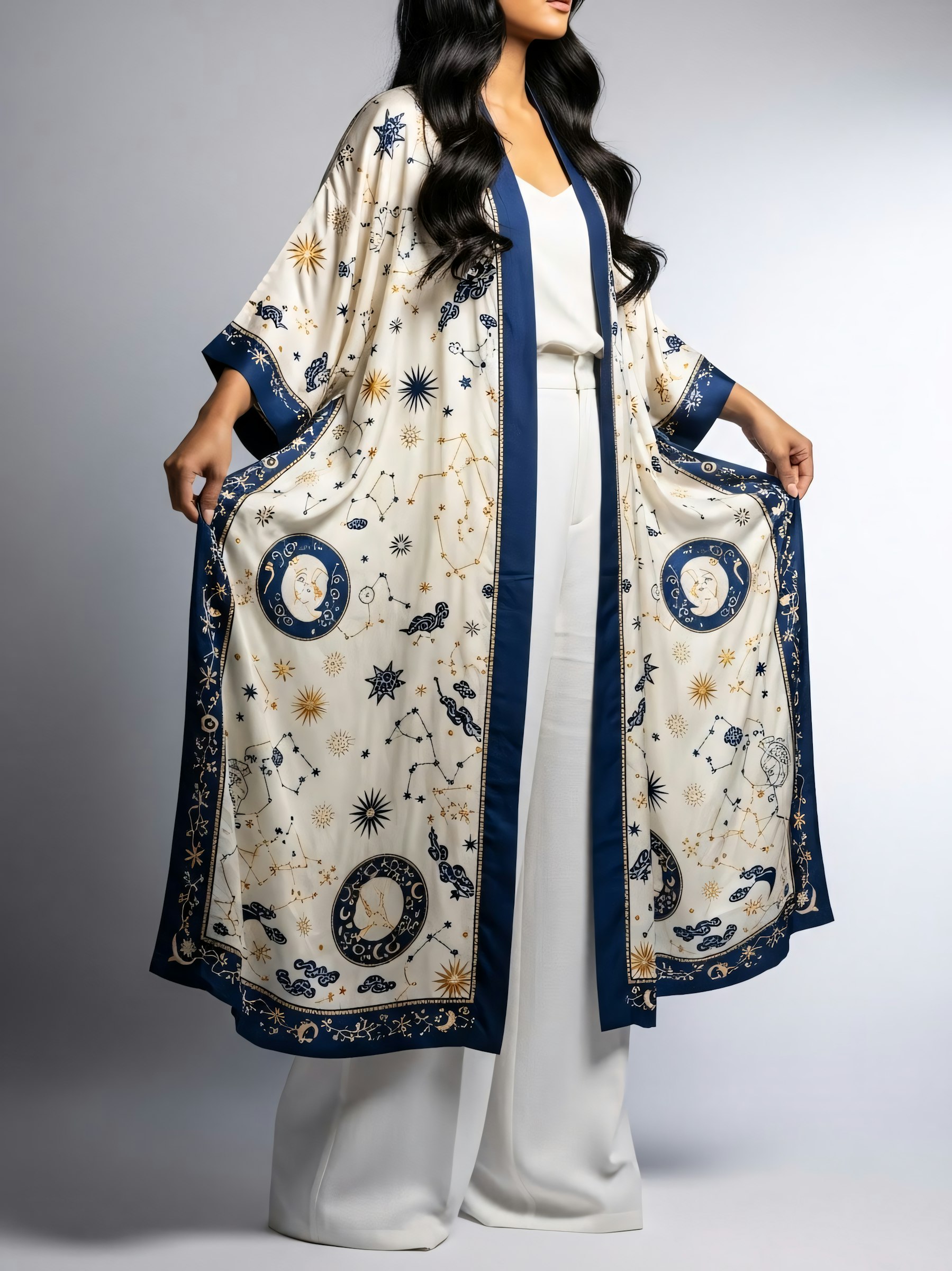 Model in an ivory celestial-print kimono with midnight trim