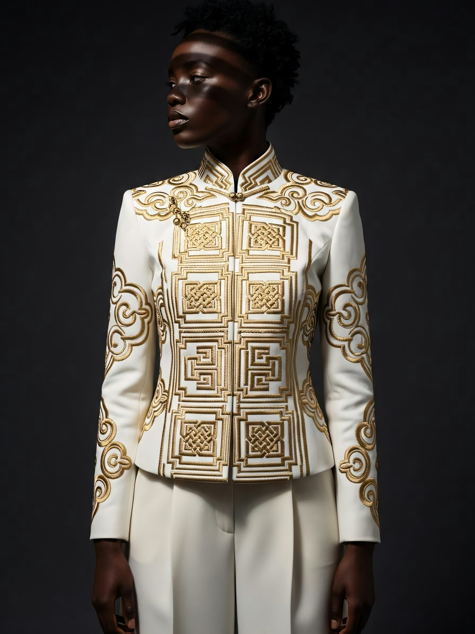Model wearing an ivory jacket with gold knotwork embroidery
